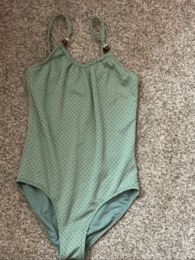abercrombie kids sage green patterned one-piece swim suit with bead straps